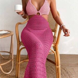 Backless Crochet Maxi Dress in Pink